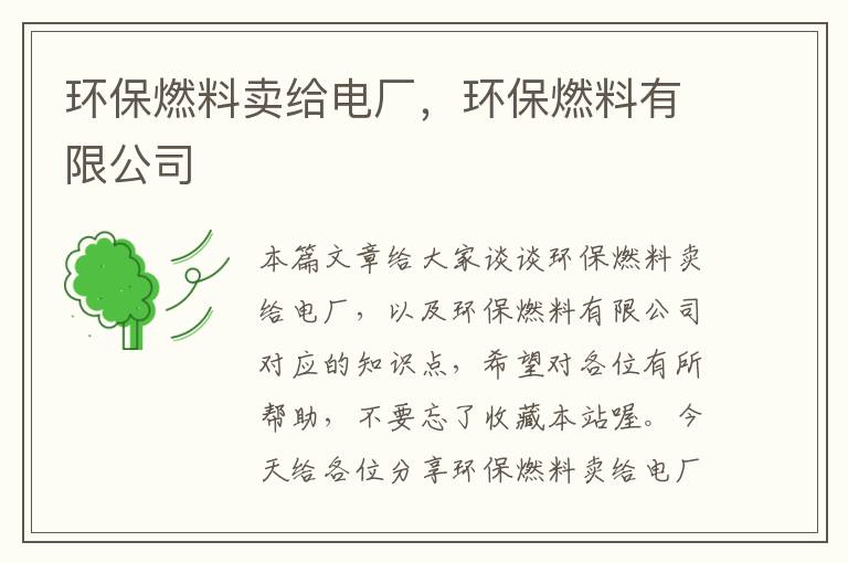 环保燃料卖给电厂，环保燃料有限公司