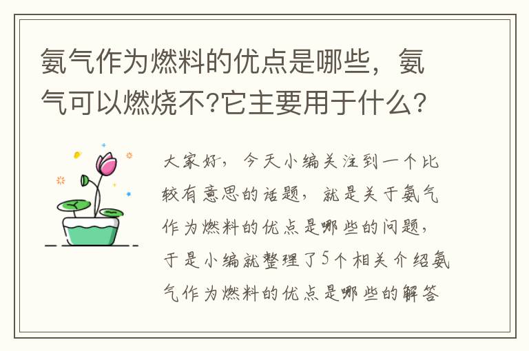 氨气作为燃料的优点是哪些，氨气可以燃烧不?它主要用于什么?