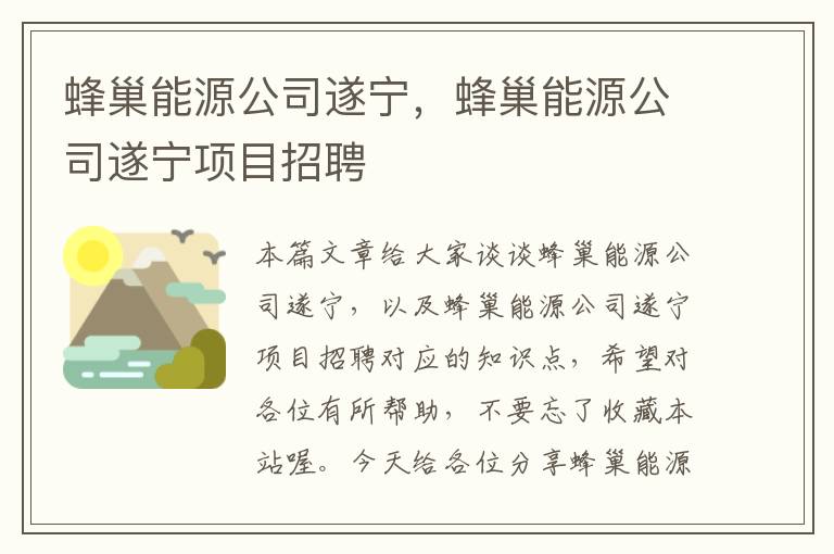 蜂巢能源公司遂宁，蜂巢能源公司遂宁项目招聘