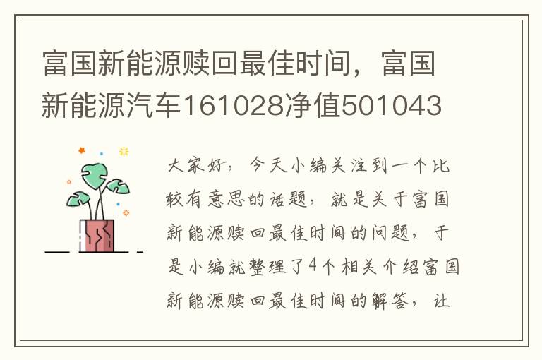 富国新能源赎回最佳时间，富国新能源汽车161028净值501043