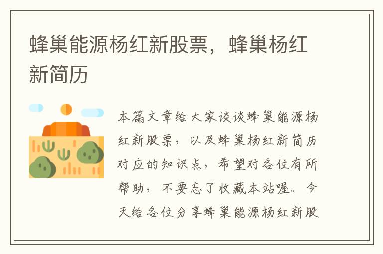 蜂巢能源杨红新股票，蜂巢杨红新简历