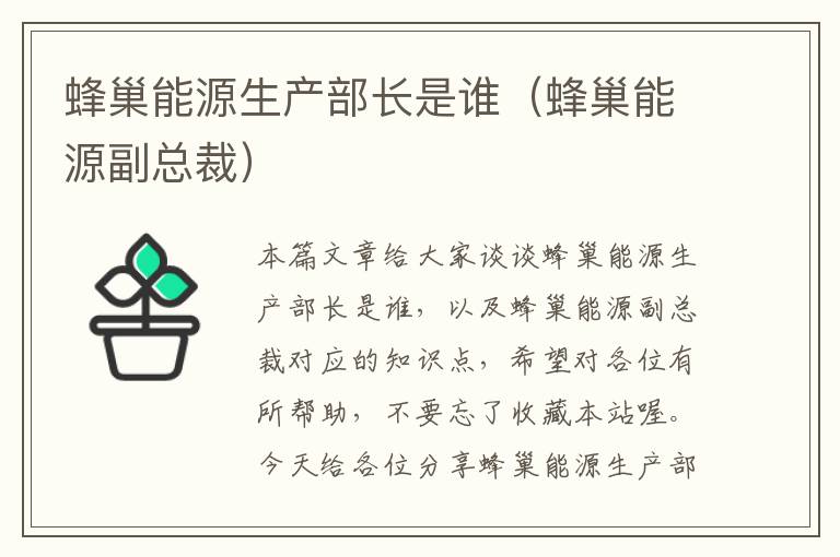 蜂巢能源生产部长是谁（蜂巢能源副总裁）