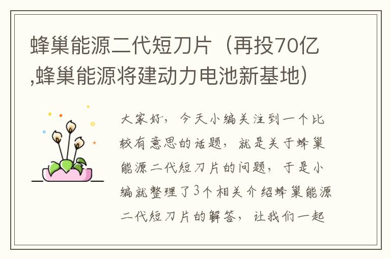 蜂巢能源二代短刀片（再投70亿,蜂巢能源将建动力电池新基地）