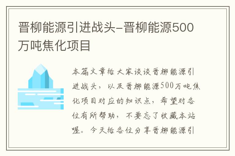 晋柳能源引进战头-晋柳能源500万吨焦化项目