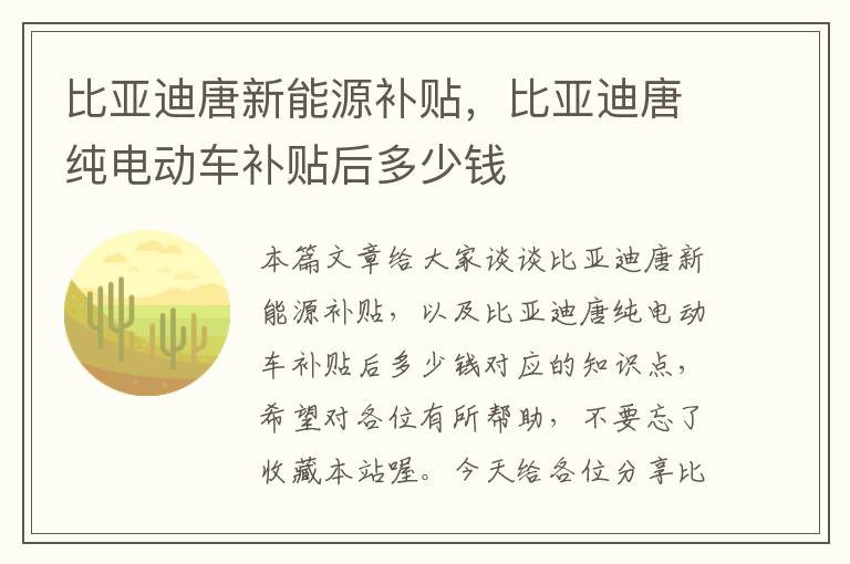 比亚迪唐新能源补贴，比亚迪唐纯电动车补贴后多少钱