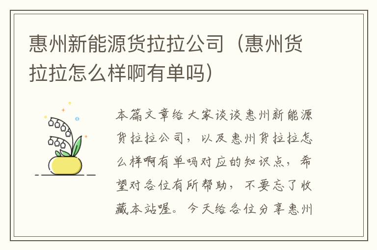 惠州新能源货拉拉公司（惠州货拉拉怎么样啊有单吗）