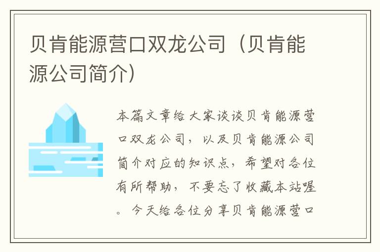 贝肯能源营口双龙公司（贝肯能源公司简介）