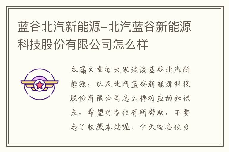 蓝谷北汽新能源-北汽蓝谷新能源科技股份有限公司怎么样