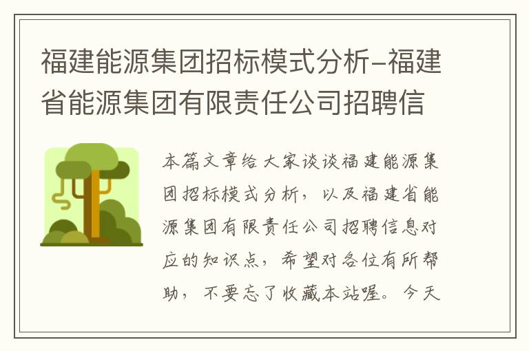 福建能源集团招标模式分析-福建省能源集团有限责任公司招聘信息