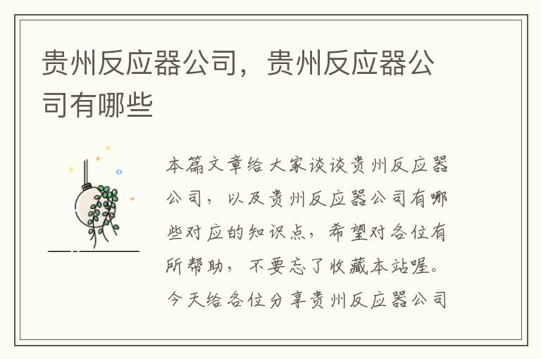 贵州反应器公司，贵州反应器公司有哪些