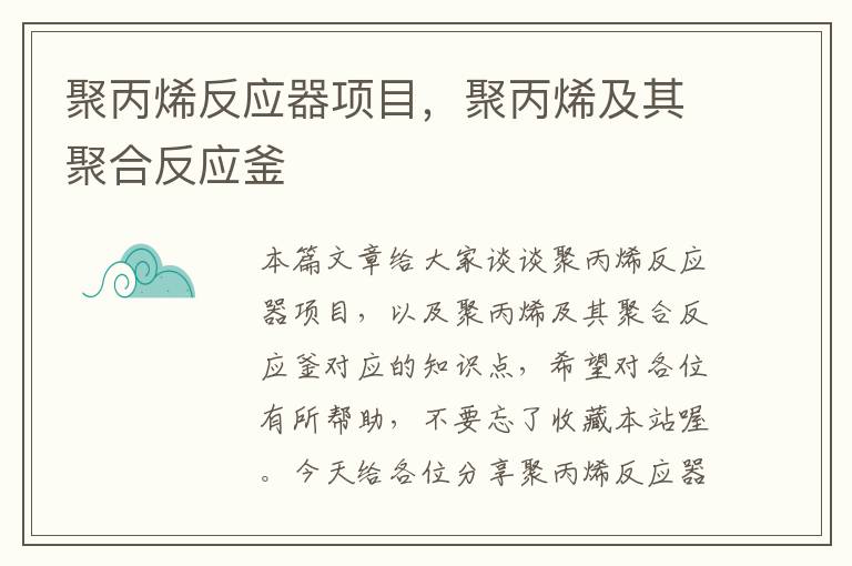 聚丙烯反应器项目，聚丙烯及其聚合反应釜